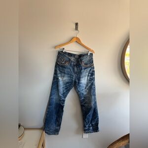Affliction cooper men’s 34 Relaxed Blue Jeans with Vintage Distressed Look